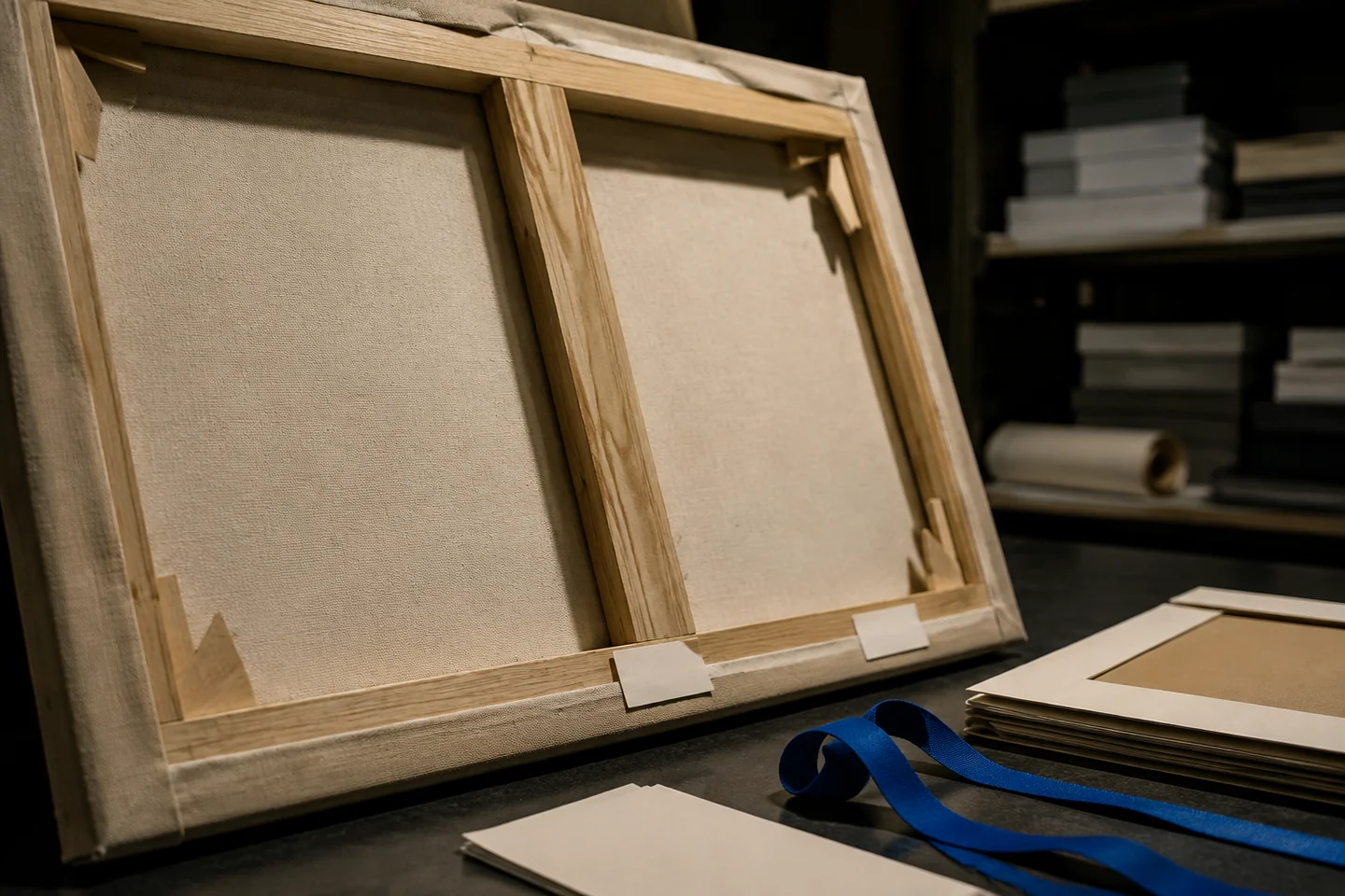 Composition d’intention : le dos d’une toile, son châssis et des chemises d’archives anonymes, éclairés en lumière rasante.