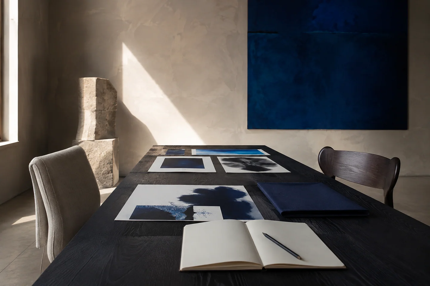 Composition d’intention : une table de travail avec deux chaises, des tirages d’art et un carnet, dans un atelier imaginaire baigné de lumière.
