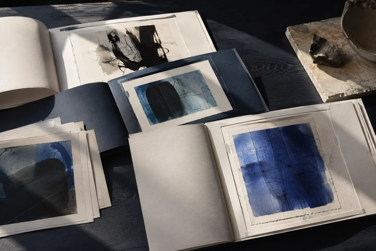 Composition d’intention : plusieurs portfolios ouverts présentent des compositions abstraites bleues et noires sur du papier texturé.
